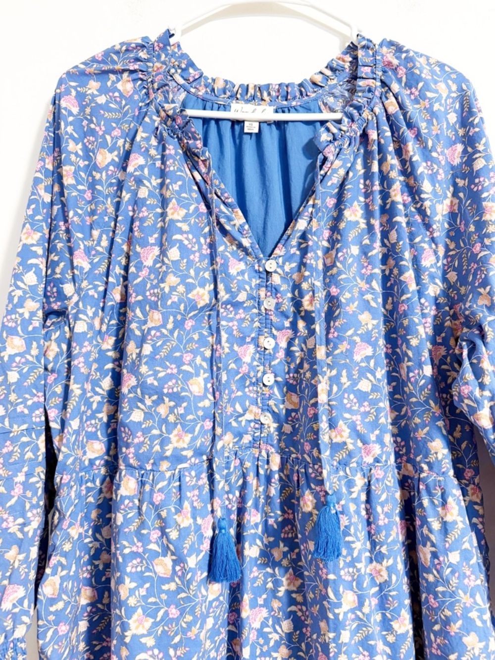 Wonderly Blue Floral Cotton Peasant Dress Smocked Cuffs XL - Picture 3 of 7